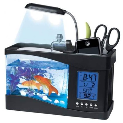 Органайзер за бюро с часовник и LED аквариум с лампа