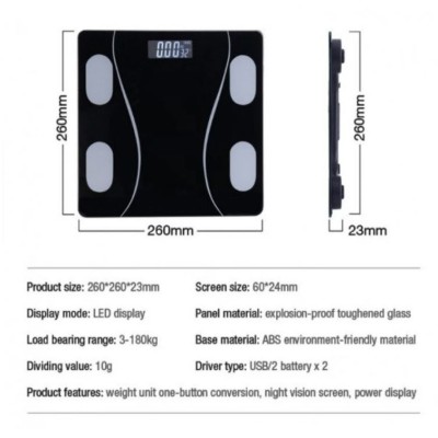 Електронен кантар за баня, човешко тегло и мазнини, 180кг