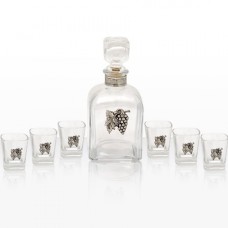 Стъклена бутилка за ракия с 6 чаши, сребърна декорация