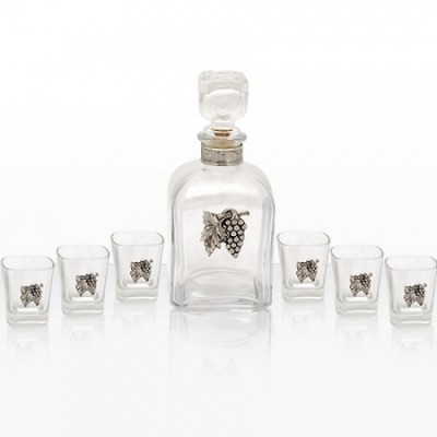 Стъклена бутилка за ракия с 6 чаши, сребърна декорация