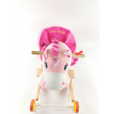 Детска дървена люлка и количка 2 в 1 Еднорог, розов цвят