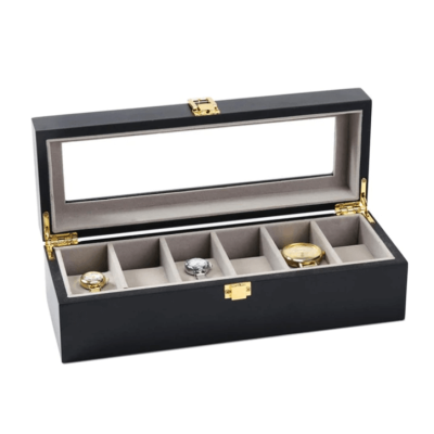 Дървена кутия за часовници Premium W72, черен цвят, 6 гнезда