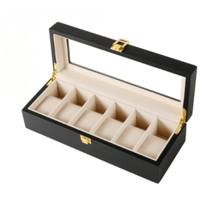 Дървена кутия за часовници Premium W72, черен цвят, 6 гнезда