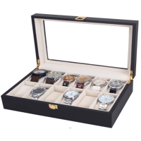 Дървена кутия за часовници Premium W74, черен цвят, 12 гнезда