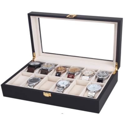 Дървена кутия за часовници Premium W74, черен цвят, 12 гнезда