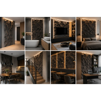 3D декоративни панели PU камък B-4 Volcanic Grey, стенна облицовка, 600*1200*60mm