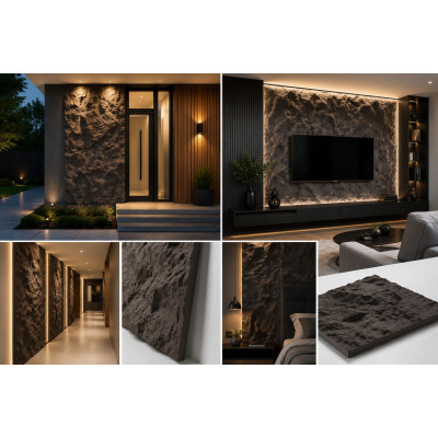 3D декоративни панели PU камък B-4 Volcanic Grey, стенна облицовка, 600*1200*60mm