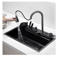 Интелигентна кухненска мивка с термостат Мулти 3, черен, водопад, разтегателен кран, дюза чаши