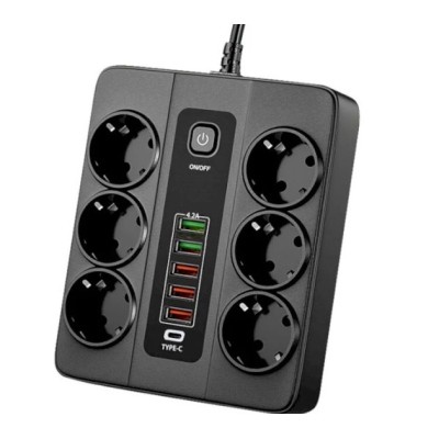 Разклонител за контакт BKL-11EU 220V, 6 гнезда, 5 х USB, 1 х TypeC, Fast charge, 2 метра