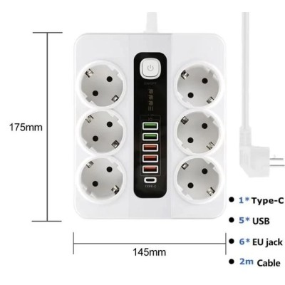 Разклонител за контакт BKL-11EU 220V, 6 гнезда, 5 х USB, 1 х TypeC, Fast charge, 2 метра