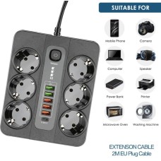 Разклонител за контакт BKL-11EU 220V, 6 гнезда, 5 х USB, 1 х TypeC, Fast charge, 2 метра