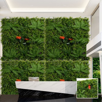 Декоративна изкуствена зелена стена с растения и цветя E005| 100 х 100 см| Red Paml Декоративна изкуствена зелена стена с растения и цветя E005| 100 х 100 см| Red Paml