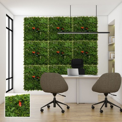 Декоративна изкуствена зелена стена с растения и цветя E005| 100 х 100 см| Red Paml Декоративна изкуствена зелена стена с растения и цветя E005| 100 х 100 см| Red Paml