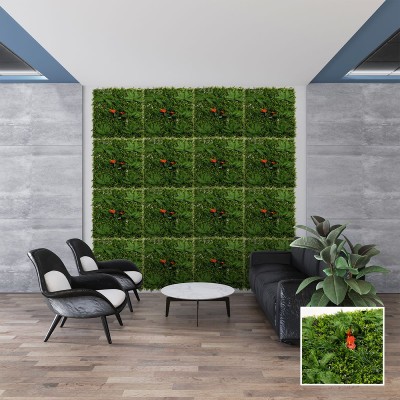 Декоративна изкуствена зелена стена с растения и цветя E005| 100 х 100 см| Red Paml Декоративна изкуствена зелена стена с растения и цветя E005| 100 х 100 см| Red Paml