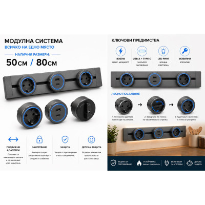 Модулен релсов контакт ,Led мобилни ключове, USB A+C, 8000W, сив цвят Модулен релсов контакт ,Led мобилни ключове, USB A+C, 8000W, сив цвят