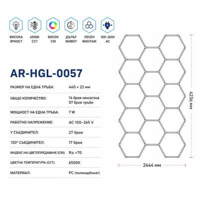 LED Хексагонално осветление AR-HGL-0057 – 6500K, 2444*4236 мм
