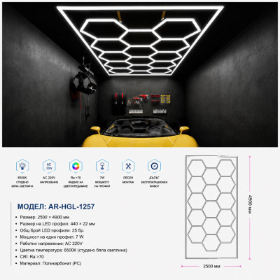 LED Хексагонално осветление и рамка AR-HGL-1257 – 6500K, 2435*4780 мм LED Хексагонално осветление и рамка AR-HGL-1257 – 6500K, 2435*4780 мм