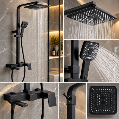 Душ система AQUA BLACK ON-8 с тропически душ, смесител и ръчен душ – черен мат Душ система AQUA BLACK ON-8 с тропически душ, смесител и ръчен душ – черен мат