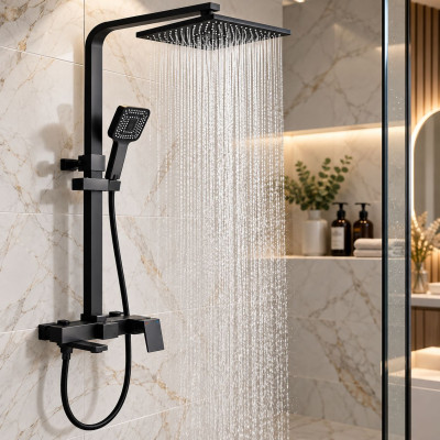Душ система AQUA BLACK ON-8 с тропически душ, смесител и ръчен душ – черен мат Душ система AQUA BLACK ON-8 с тропически душ, смесител и ръчен душ – черен мат