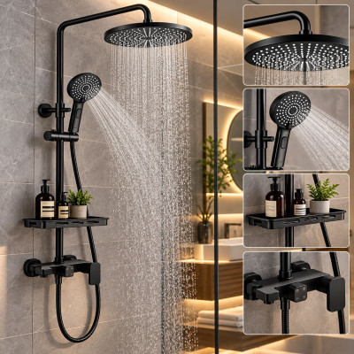 Душ система AQUA BLACK ON-9 за баня с тропически душ, 3 функции, смесител и поставка, матово черна Душ система AQUA BLACK ON-9 за баня с тропически душ, 3 функции, смесител и поставка, матово черна